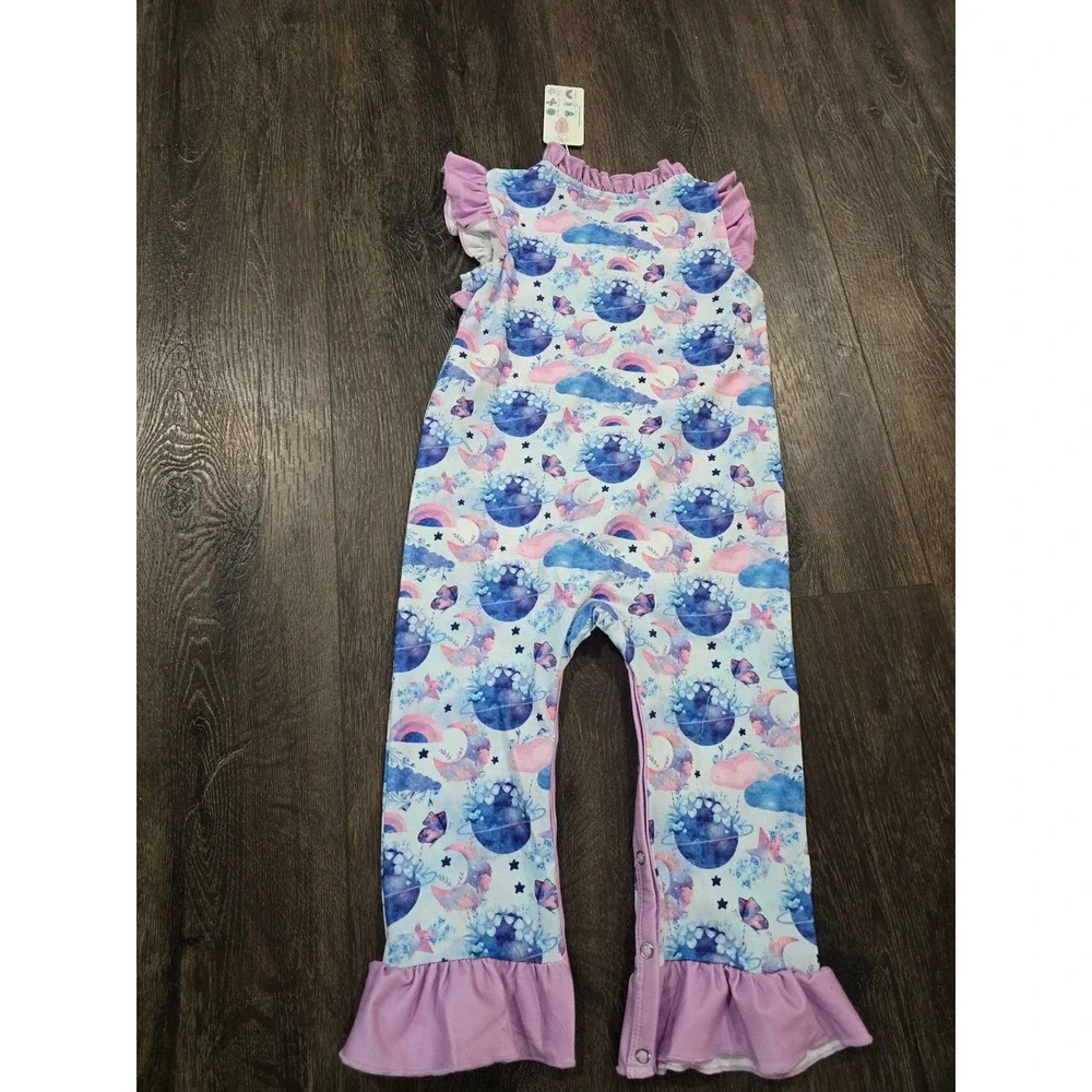 Pete + Lucy Girls Celestial Romper Ruffle Trim Blue Pink Purple 18-24M NWT